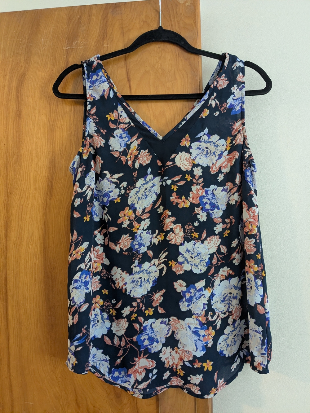 Maurices Floral V-Neck Tank Top - Navy with Blue & Cream Flowers